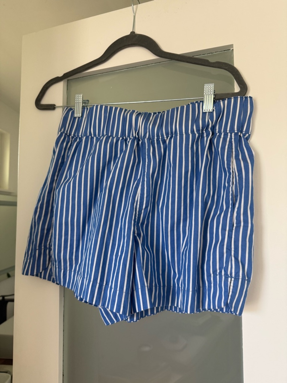 AYR Blue and White Striped High-Waist Shorts